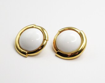 Vintage Monet Gold Tone and White Enamel Circle Stud Clip On Earrings, Round Stud Earrings, Monet Gold Tone Stud Earrings