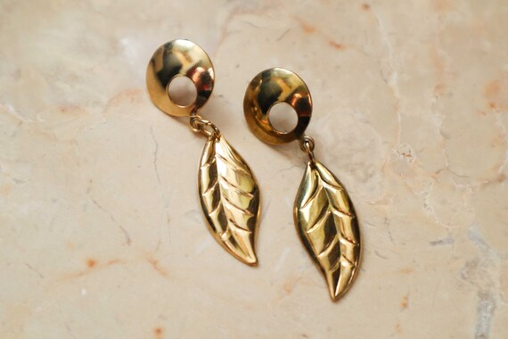 Vintage Gold Floral Leaf Drop Dangle Earrings, Le… - image 2