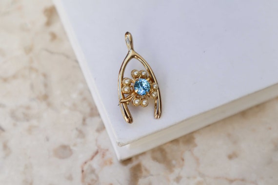 Vintage Gold Tone Wishbone Brooch, Blue Stone and… - image 2