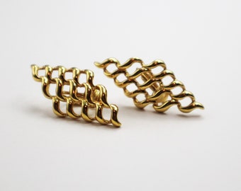 Vintage Shiny Gold Tone Open Work Clip On Earrings