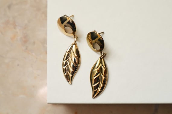 Vintage Gold Floral Leaf Drop Dangle Earrings, Le… - image 5