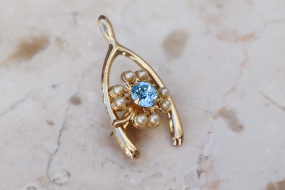 Vintage Gold Tone Wishbone Brooch, Blue Stone and… - image 1