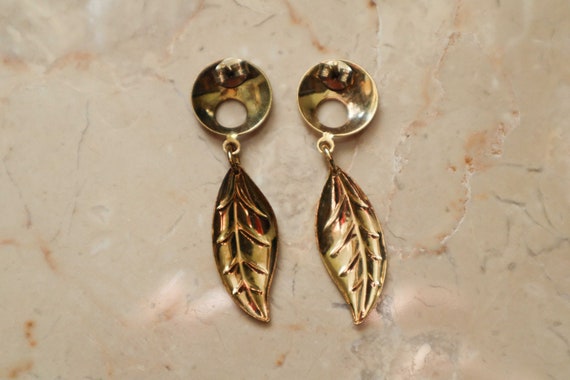 Vintage Gold Floral Leaf Drop Dangle Earrings, Le… - image 7