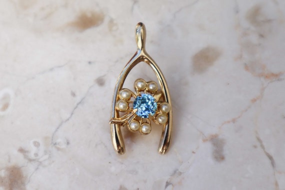 Vintage Gold Tone Wishbone Brooch, Blue Stone and… - image 5