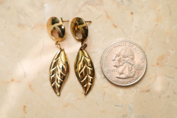 Vintage Gold Floral Leaf Drop Dangle Earrings, Le… - image 8