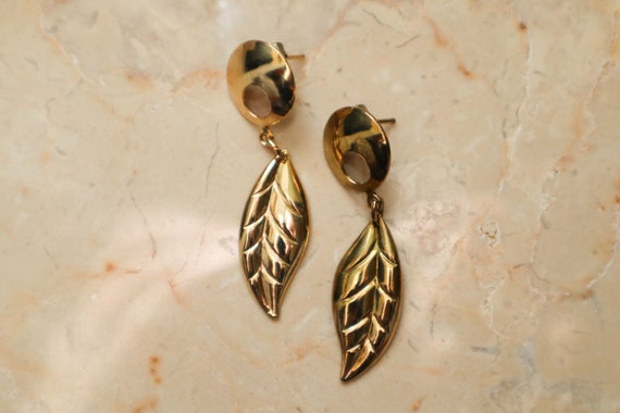 Vintage Gold Floral Leaf Drop Dangle Earrings, Le… - image 4