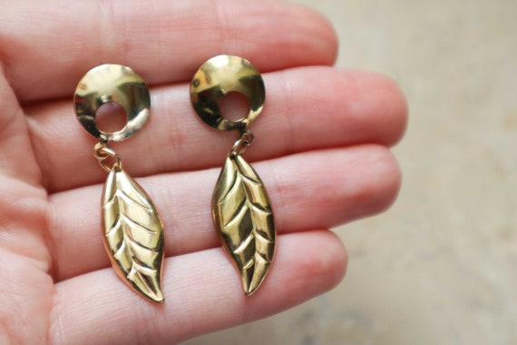 Vintage Gold Floral Leaf Drop Dangle Earrings, Le… - image 3