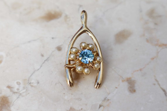 Vintage Gold Tone Wishbone Brooch, Blue Stone and… - image 3