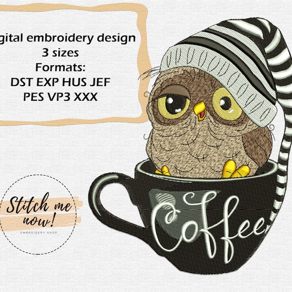 Sleepy Owl Mit Tasse Kaffee Maschinenstickerei Design