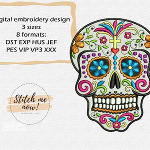 Conception mexicaine de broderie de machine de crâne Dia de los muertos symbole Santa Muerte