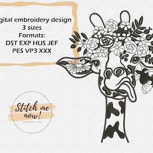 May include: Digital embroidery design of a giraffe head with a floral crown. The design is black and white with a spotted pattern on the neck. Text includes "Digital embroidery design", "3 sizes", and "Formats: DST EXP HUS JEF PES VP3 XXX". The logo says "Stitch me now!"