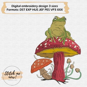 Motif de broderie machine Champignons et grenouille Cottagecore