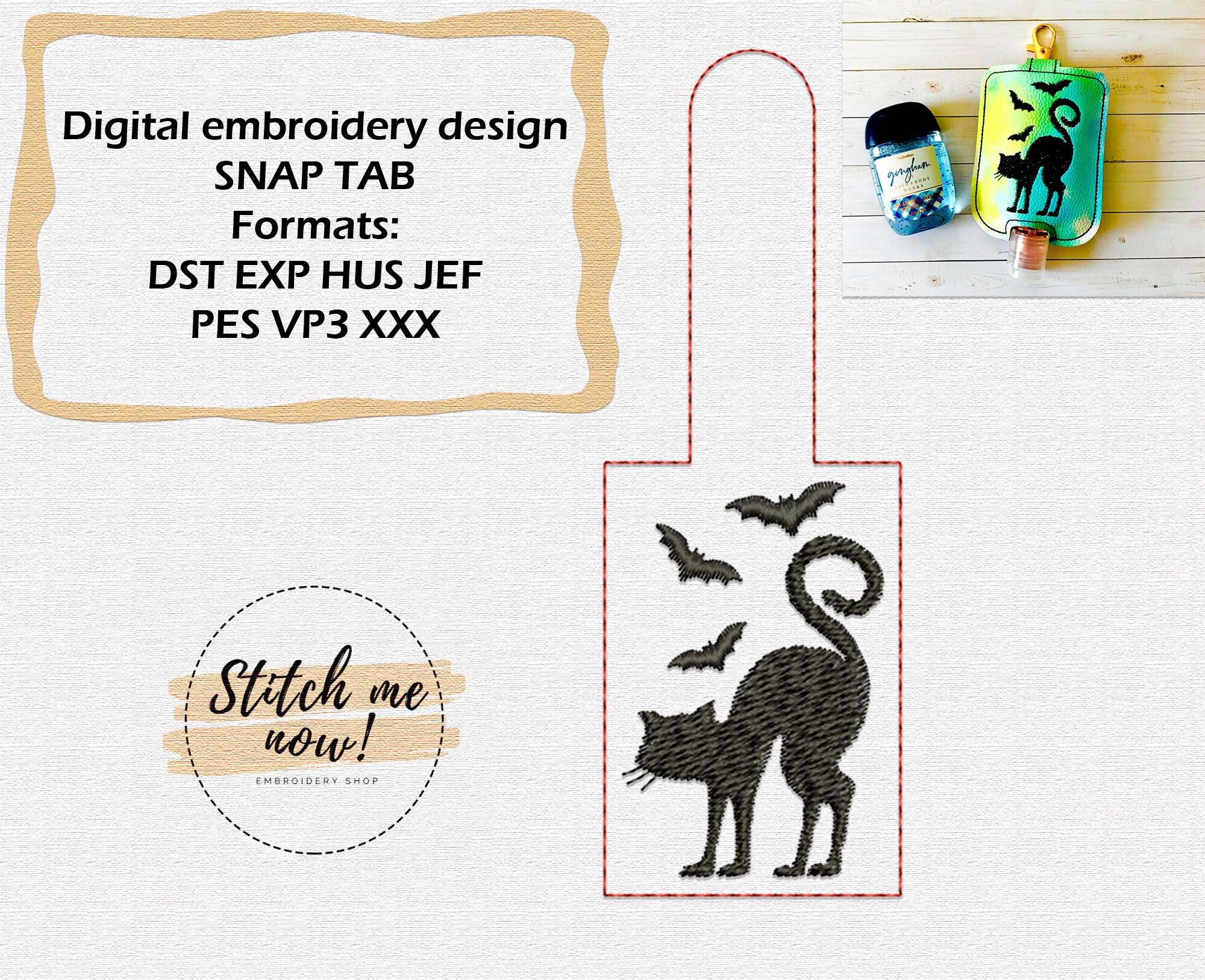 Cat and Bats Halloween Snap Tab & Sanitizer Holder machine embroidery design