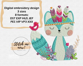 Tribal fox machine embroidery design