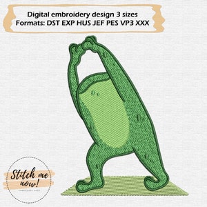Puede incluir: Rana verde haciendo yoga en una estera verde. Diseño de bordado digital en 3 tamaños. Formatos: DST EXP HUS JEF PES VP3 XXX. ¡Coser ahora! Tienda de bordado.