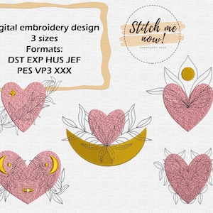 Set of the 5 Hearts & Plants machine embroidery designs - boho style