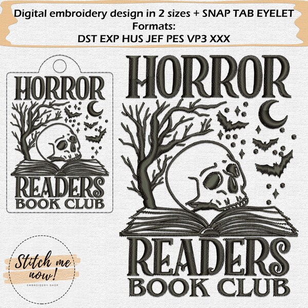 Clube do Livro de Leitores de Terror, design de bordado à máquina em 2 tamanhos com aba de pressão de ilhós