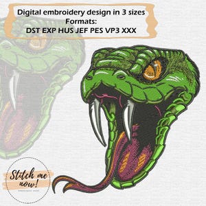 May include: Green snake embroidery design with an open mouth and fangs. The snake's tongue is sticking out. The design is available in three sizes and in the following formats: DST, EXP, HUS, JEF, PES, VP3, XXX.
