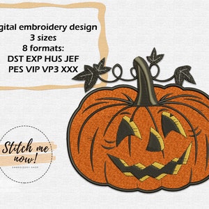 Può includere: Zucca arancione con un viso di zucca intagliato. La zucca ha uno stelo e foglie verdi. Design di ricamo digitale, 3 dimensioni, 8 formati: DST EXP HUS JEF PES VIP VP3 XXX. Cuci ora! Negozio di ricamo.