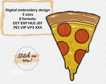 May include: A digital embroidery design of a slice of pizza with pepperoni and melted cheese. The design is available in 3 sizes and 8 formats: DST, EXP, HUS, JEF, PES, VIP, VP3, and XXX. The text "Stitch me now!" is also included in the design.