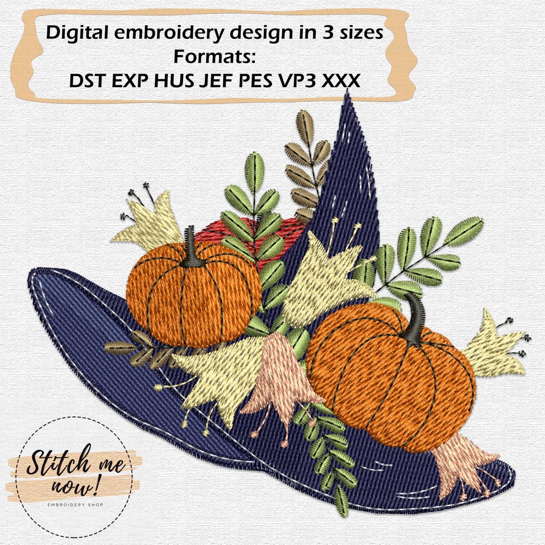 Halloween Witch Hat With Pumpkins and Autumn Leaves Machine Embroidery ...