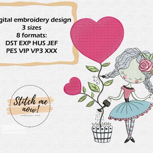 Girl with flowers and hearts machine embroidery design
