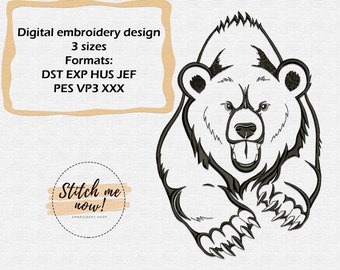 May include: Black and white line art embroidery design of a bear with its mouth open, showing its teeth. The design is available in three sizes and in the following formats: DST, EXP, HUS, JEF, PES, VP3, and XXX. The text "Stitch me now!" is also included in the image.