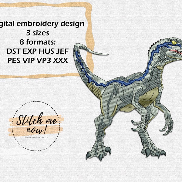 Blue Velociraptor machine embroidery design