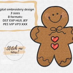 Pode incluir: Um design de bordado de um homem de gengibre com corações vermelhos e um padrão de listras marrons e brancas. O design está disponível em 3 tamanhos e 8 formatos: DST, EXP, HUS, JEF, PES, VIP, VP3 e XXX. O texto "Stitch me now!" também está incluído na imagem.