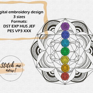 May include: A black and white mandala design with seven coloured circles in the centre, representing the seven chakras. The text "Digital embroidery design 3 sizes Formats: DST EXP HUS JEF PES VP3 XXX Stitch me now! EMBROIDERY SHOP" is visible in the image.