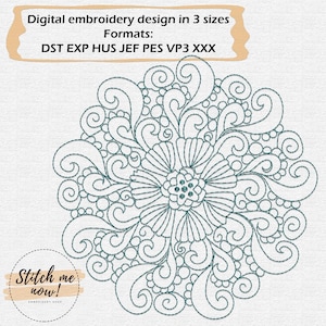 May include: A teal blue embroidery design of a stylized flower with intricate swirls and circles. The design is available in three sizes and in the following formats: DST, EXP, HUS, JEF, PES, VP3, and XXX.