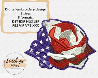 American flag rose machine embroidery design for Veterans Day, Military Veterans