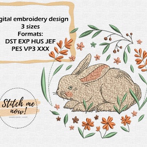 Cute Bunny With Plants machine embroidery design Easter
