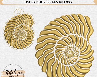May include: Digital embroidery design featuring two golden nautilus shell shapes. The design includes the text "Digital embroidery design in 3 sizes + SNAP TAB EYELET" and "Stitch me now! EMBROIDERY SHOP". The design is available in multiple formats.