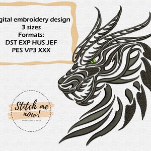 May include: Black and gray stylized embroidery design of a dragon's head with a green eye. The design is available in three sizes and in the following formats: DST, EXP, HUS, JEF, PES, VP3, and XXX. The text "Stitch me now!" is also included in the image.