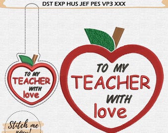 May include: Digital embroidery design featuring two red apple shapes with the text "TO MY TEACHER WITH love". The design includes green leaves and brown stems. The text "Stitch me now!" is also visible.