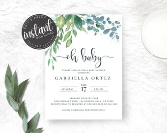 Greenery Oh Baby Shower Digital Invitation Template | Printable Baby Shower Invitation | Editable Instant Download | Eucalyptus Watercolor |