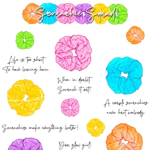 Scrunchie Squad stickers, retro liefhebbers, kleurrijke planner stickers, schattige stickers, 69 kiss-cut stickers, bullet journal stickers, schattige quotes