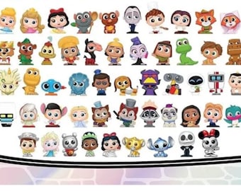 May include: A collection of 60 colorful cartoon character figurines. The characters are from various Disney movies and shows. The figurines are all in a standing position and are arranged in rows. The background is a light pink and white pattern.