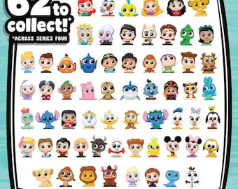 Puede incluir: Una colección de 62 figuras de personajes de Disney, incluyendo personajes de El Rey León, Aladdin, La Sirenita, y más. Las figuras están todas en un estilo de dibujos animados y son de colores brillantes. El texto "62 to collect!" está escrito en la parte superior de la imagen. El texto "Across Series Four" está escrito debajo del texto principal.