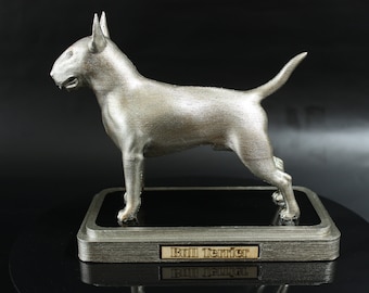Personalized Bull Terrier Statue, Large Dog Statue on Base, Silver Bronze Dog Memorial, Custom Dog Figurine,
