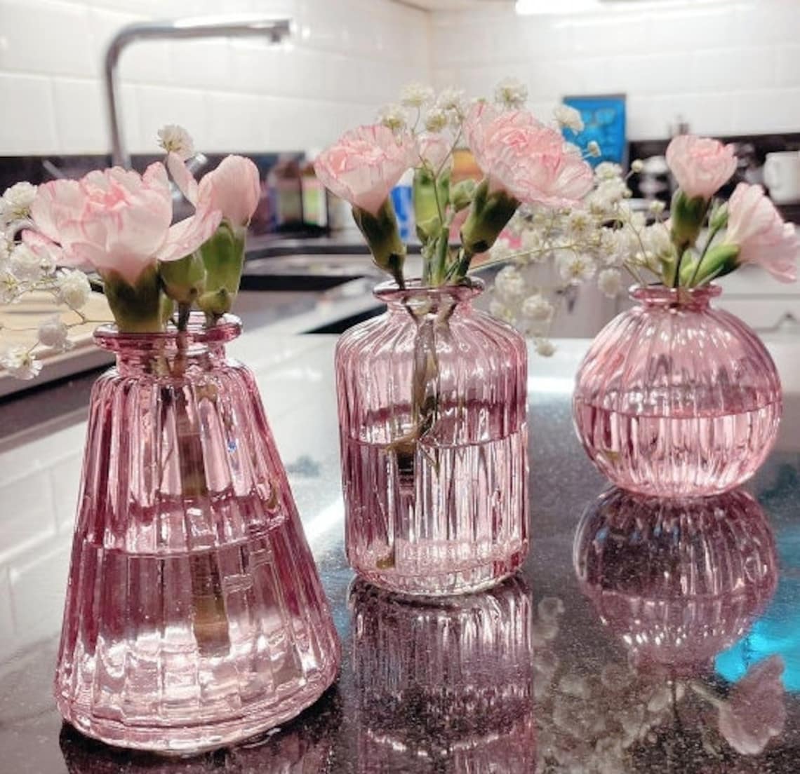Set of Ribbed Pink Glass Bud Vases Etsy