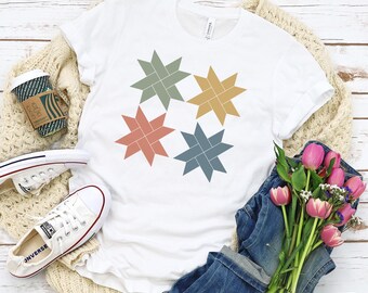 Cute Spring Quilt Block Star T-Shirt for Women By Dovetail Threads