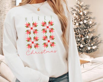 Quilt Sweatshirt for Women,  Christmas Quilt Shirt, Christmas Quilt Block, Holiday Quilt, Gift for Quilter, Sewing Gift, Quilt Sweater, Crew