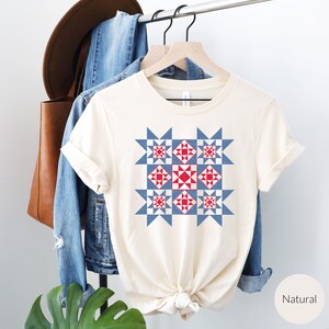 Quilt T-Shirt, Gift for Quilters, Americana Tee, Patriotic Women's Shirt, Quilt Block Shirt, Quilt Retreat Tee, Quilter Shirt. Natural