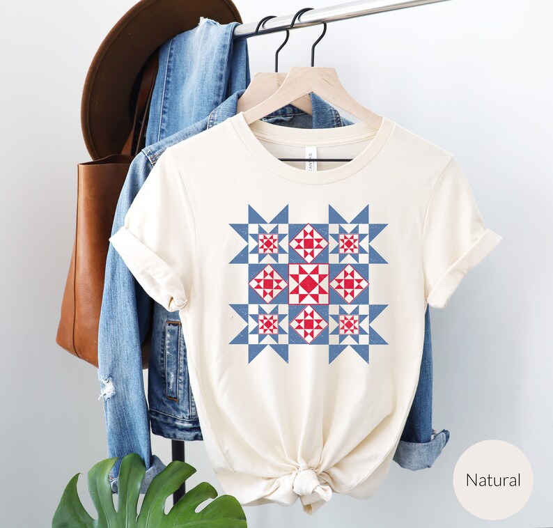 Quilt T-Shirt, Gift for Quilters, Americana Tee, Patriotic Women's Shirt, Quilt Block Shirt, Quilt Retreat Tee, Quilter Shirt. Natural