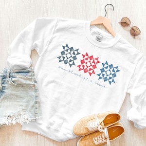 Quilting Sweatshirt for Quilters that Says One Block at A Time.  Quilt Crewneck Sweatshirt