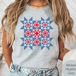 Quilt T-Shirt, Gift for Quilters, Americana Tee, Patriotic Women's Shirt, Quilt Block Shirt, Quilt Retreat Tee, Quilter Shirt. Athletic Heather