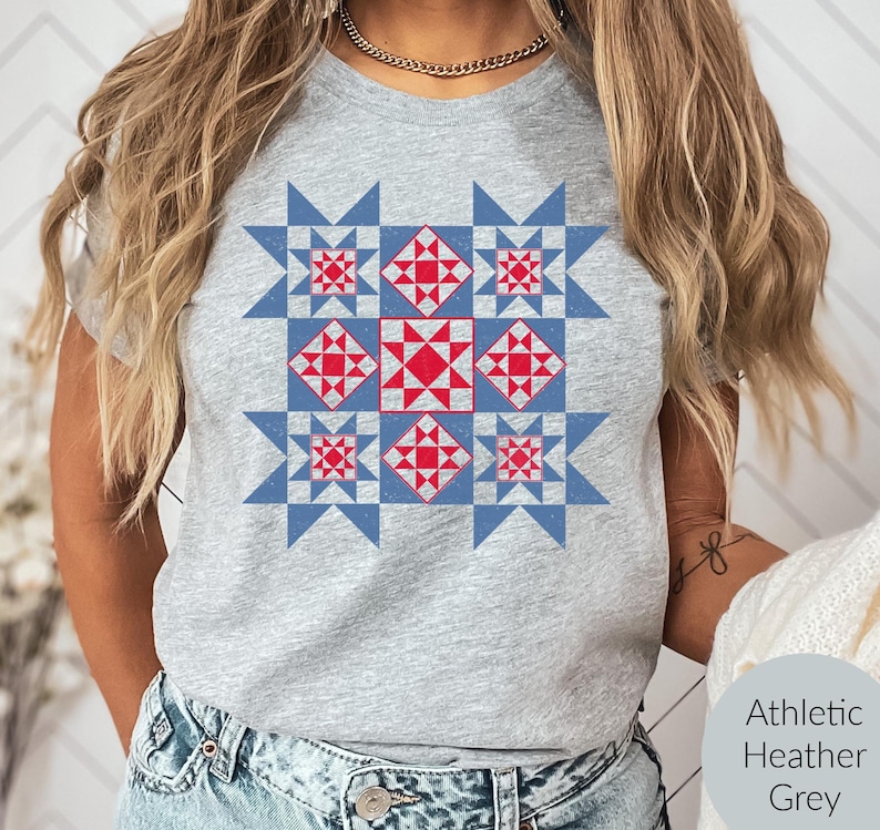 Quilt T-Shirt, Gift for Quilters, Americana Tee, Patriotic Women's Shirt, Quilt Block Shirt, Quilt Retreat Tee, Quilter Shirt. Athletic Heather