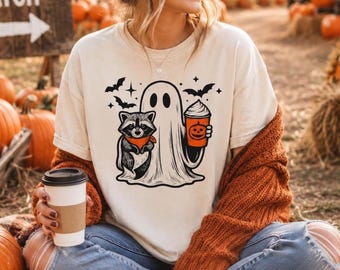 Cute Fall Raccoon and Ghost T-Shirt, Halloween Woodland Raccoon Tee, Unisex Fall Shirt, Autumn Comfort Colors Top, Oversized Fall T-Shirt